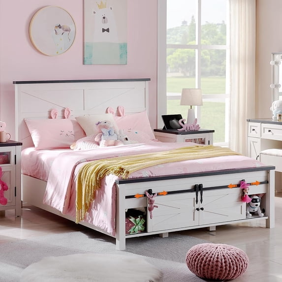T4TREAM Farmhouse White Full Size Platform Bed Frame with Headboard and 3 Barn Door Storage Cabinets, No Box Spring Needed, Mattress Not Included