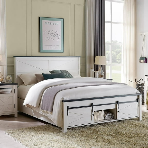 T4TREAM Farmhouse White Queen Size Platform Bed Frame with Headboard and 3 Barn Door Storage Cabinets, No Box Spring Needed, Mattress Not Included