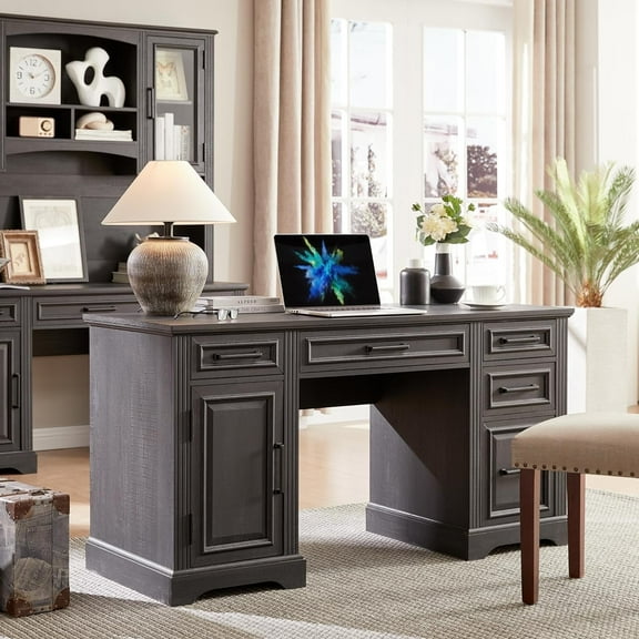 T4TREAM Farmhouse Wood 58" Executive Desk for Home Office, 30" High Computer Desk with Drawers and Storage Cabinet, Black