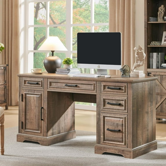 T4TREAM Farmhouse Wood 58" Executive Desk for Home Office, 30" High Computer Desk with Drawers and Storage Cabinet, Warm Brown