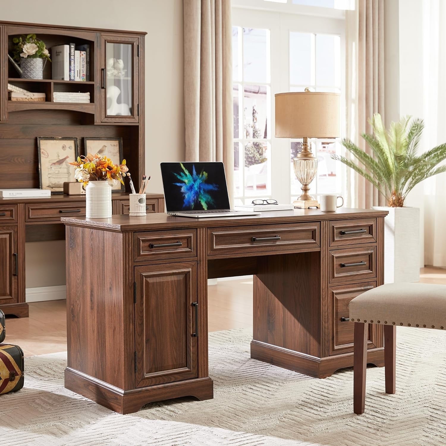 T4TREAM Executive Desk with Drawers and Storage Cabinet Brown