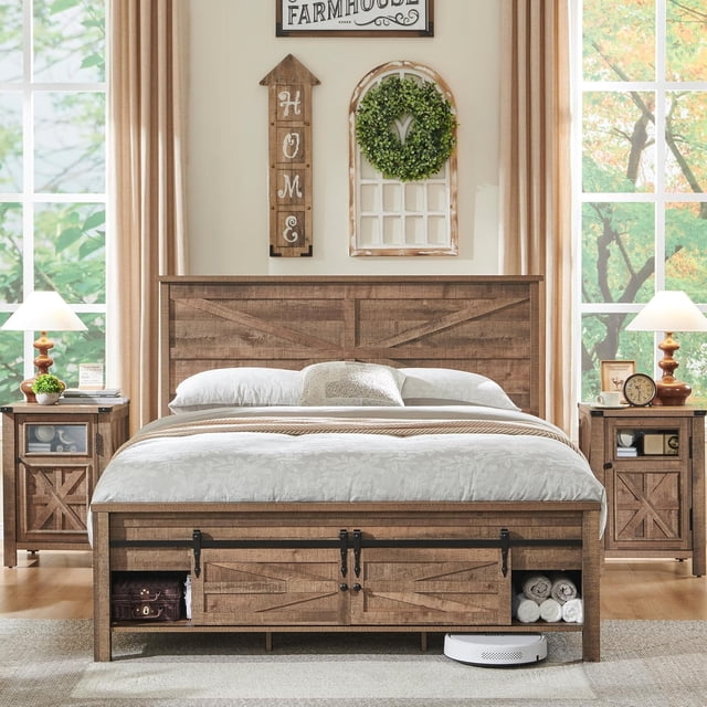 T4TREAM Farmhouse Wood Full Size Bed Frame with Sliding Barn Door ...