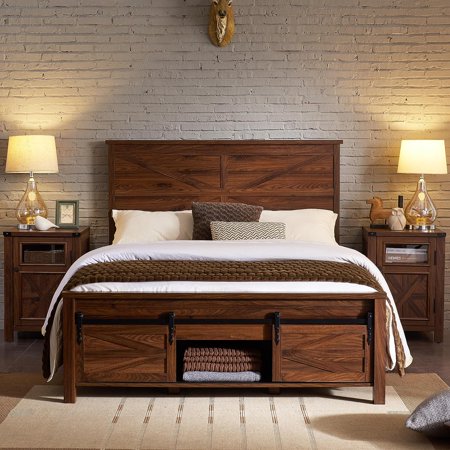 T4TREAM Farmhouse Wood Platform Bed Frame, Full Size Bed Frame with Headboard and 3 Barn Door Storage Cabinets, No Box Spring Required, Brown