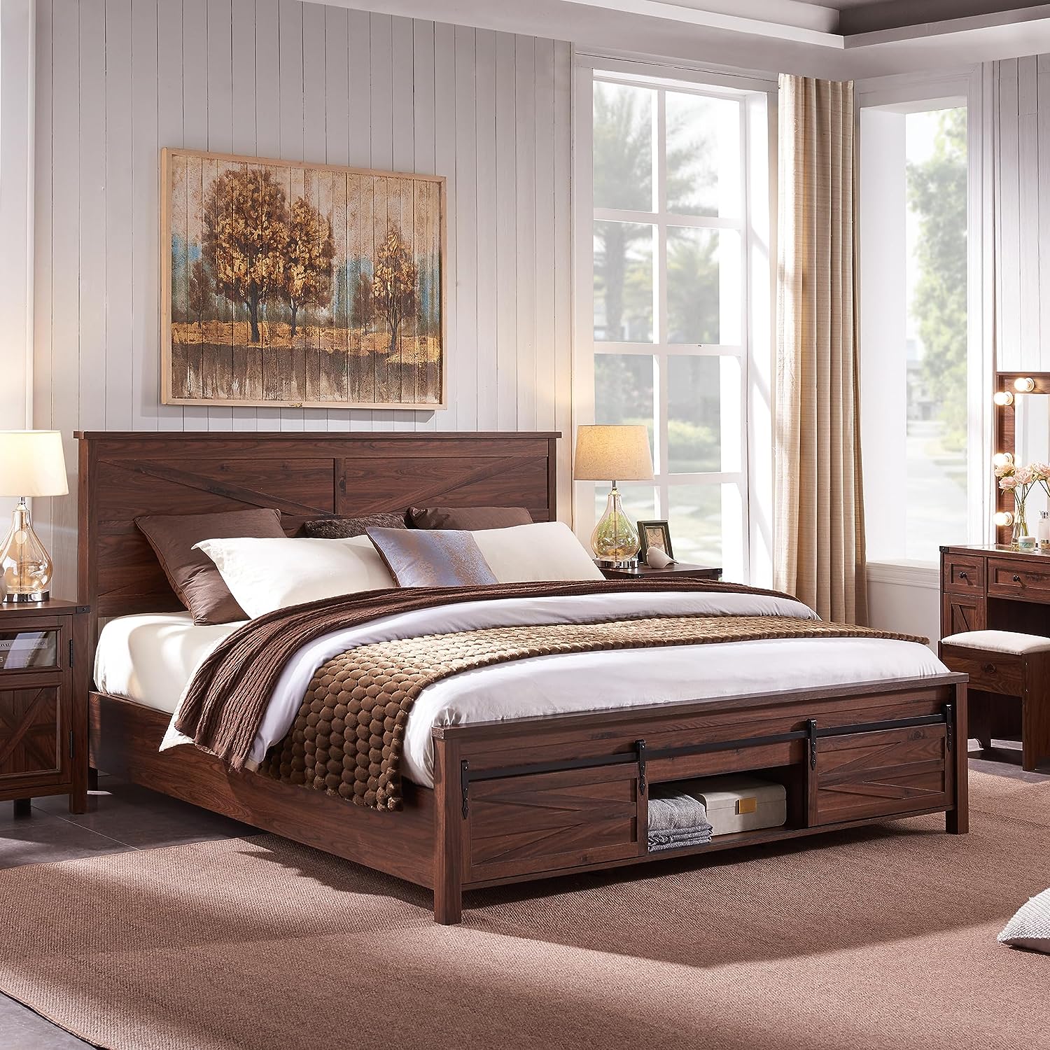 T4TREAM Rustic Wooden King Size Bed Frame With Metal Support Barn Door T4TREAM Rustic Wooden King Size Bed Frame With Metal Support Barn Door