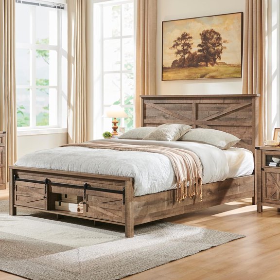 T4TREAM Farmhouse Wood Queen Size Bed Frame with Sliding Barn Door Storage Cabinets and Headboard,No Box Spring Needed,Light Brown