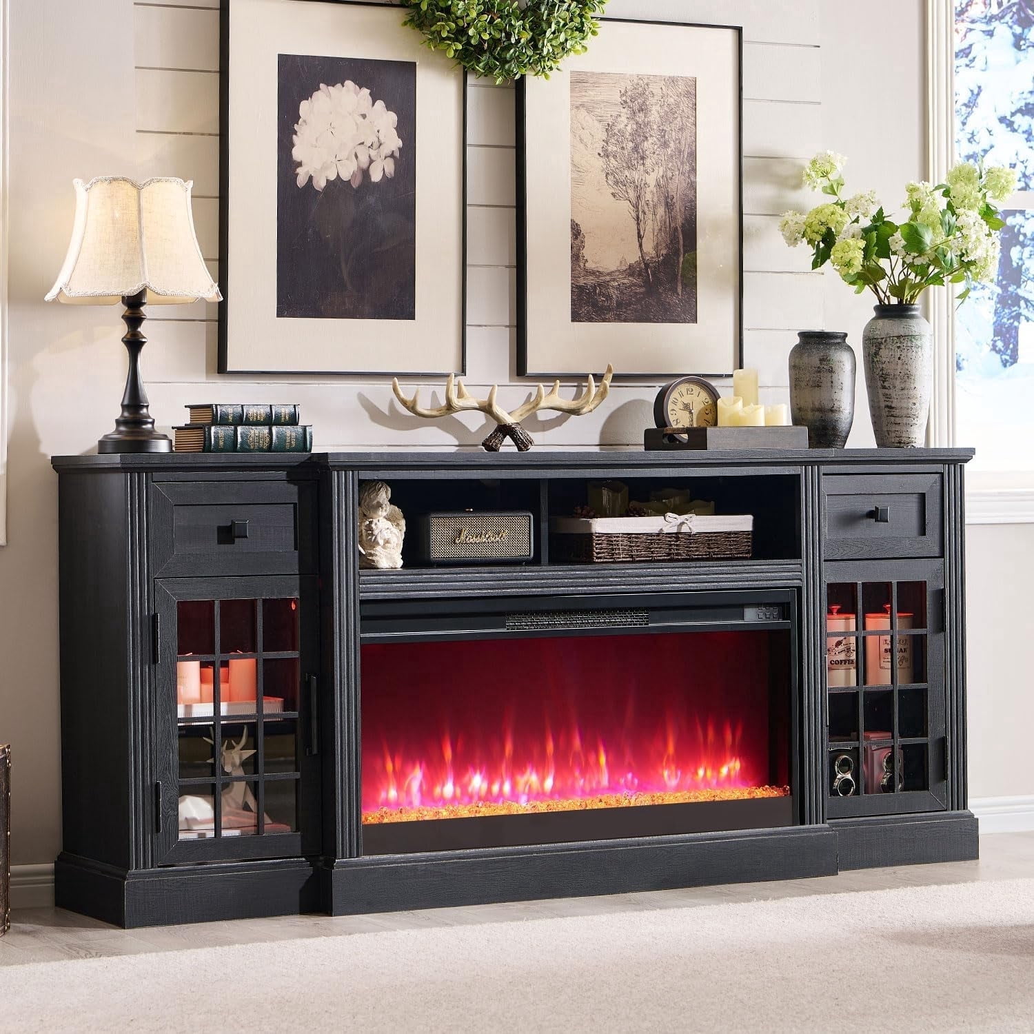 T4TREAM LED Fireplace TV Stand for TVs up to 80" , Farmhouse Entertainment Center with 36" Electric Fireplace and Storage Drawer, Black