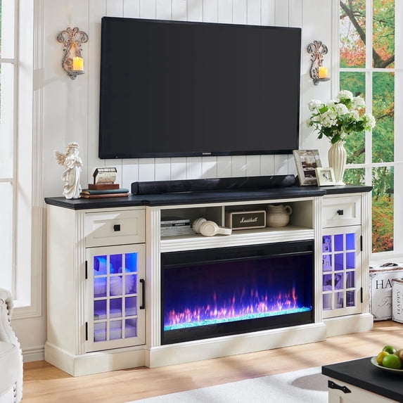 T4TREAM LED Fireplace TV Stand for TVs up to 80", Farmhouse Entertainment Center with 36" Electric Fireplace and Storage Drawer, White