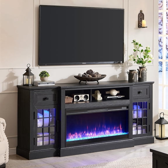 T4TREAM Electric Fireplace TV Stand for TVs up to 80", Farmhouse Entertainment Center with Fireplace , Black