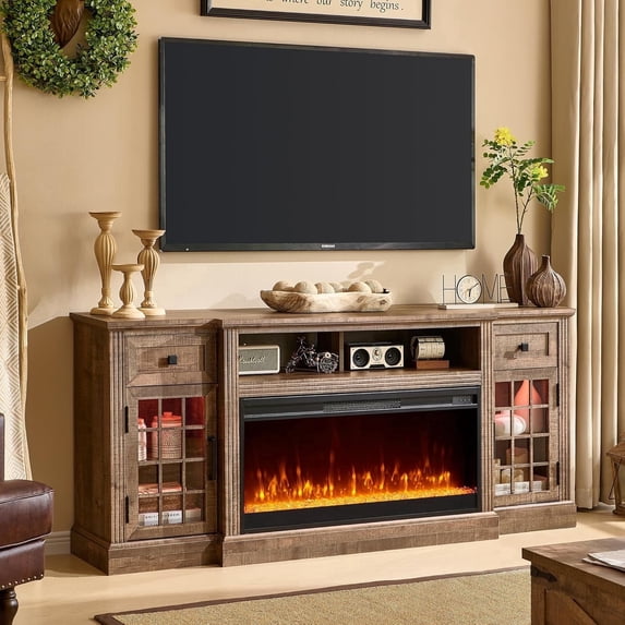 T4TREAM Electric Fireplace TV Stand for TVs up to 80", Farmhouse Entertainment Center with Fireplace , Light Brown