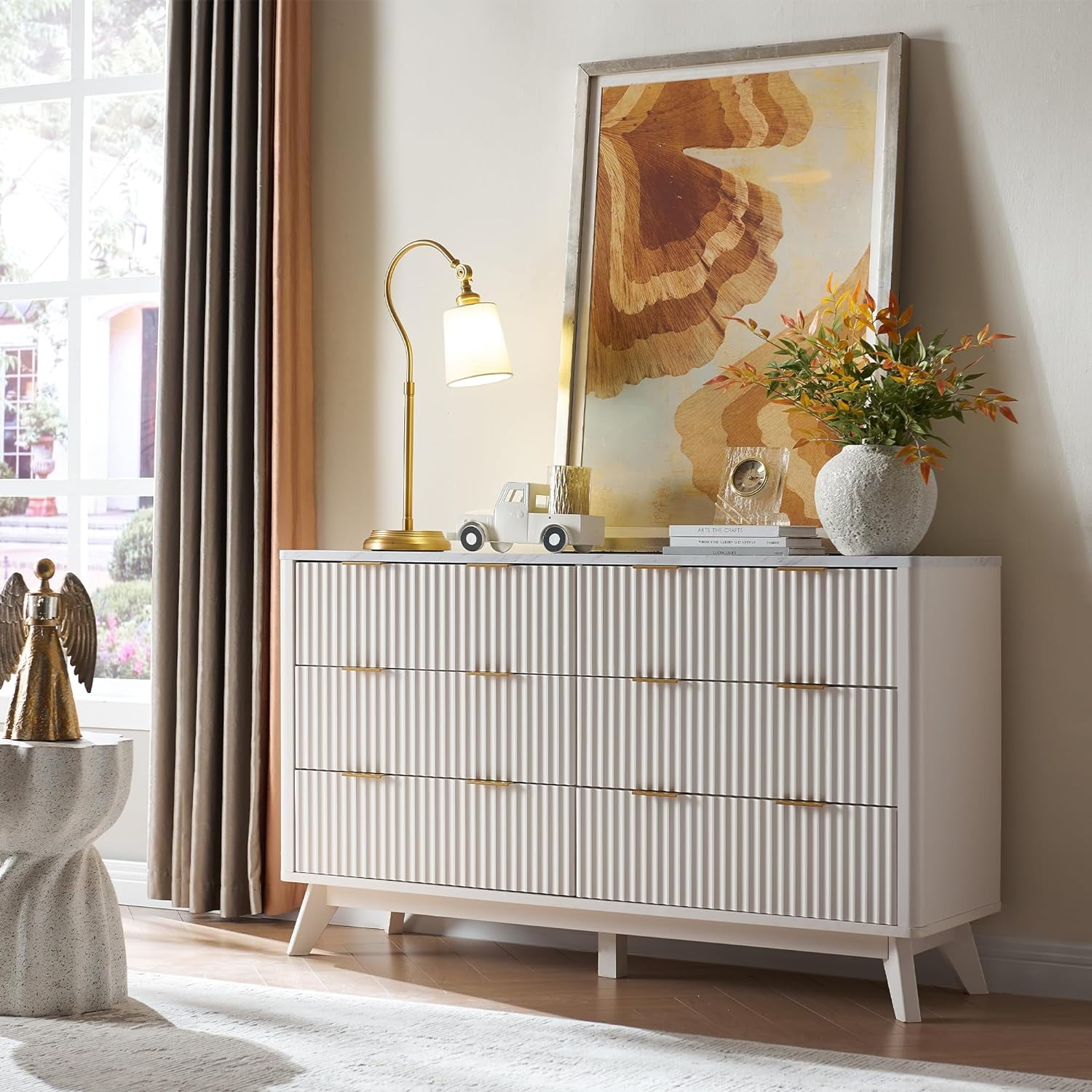 White Fluted 6-Drawer Dresser with Faux Marble Top