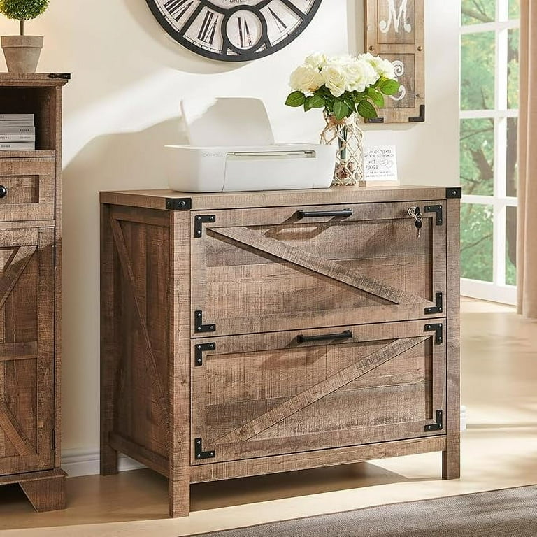 T4TREAM Lockable File Cabinet Farmhouse Wood 2 Drawer Large Storage Box for Home Office Light Brown
