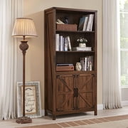 T4TREAM Wood Bookshelf Bookcase with 2 Doors, Free Standing Storage Cabinet with 3 Open Shelves, Brown Finish