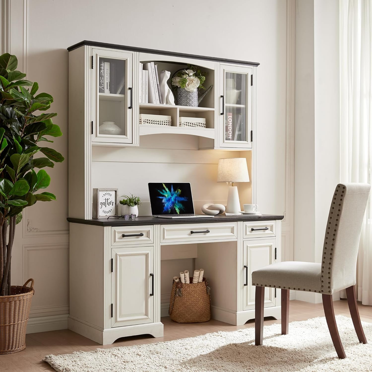 T4TREAM Wood Executive Desk with Hutch Bookshelf Drawers Storage Cabinet Office Desk with Charging Station for Office Home White