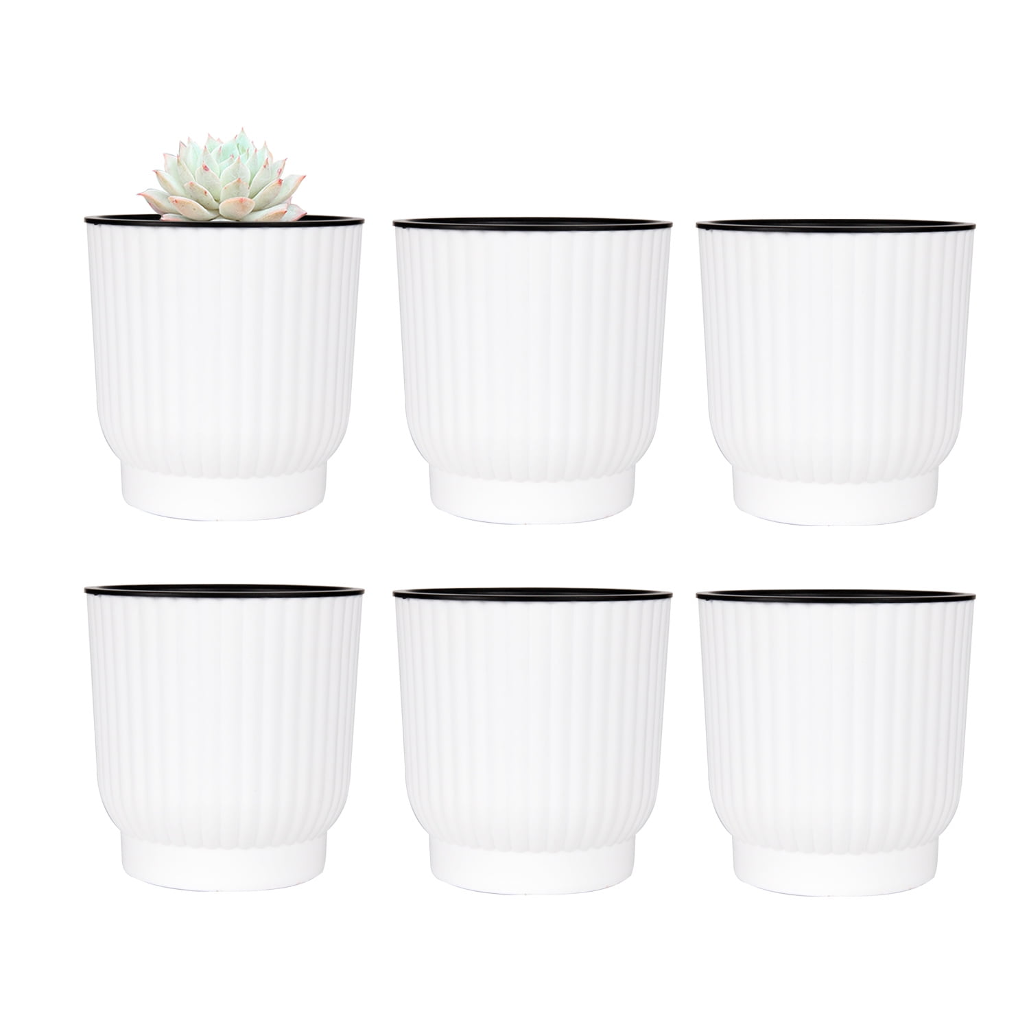 T4U Classic Self Watering Plastic Pots, 4 inch Length, White, Set of 6