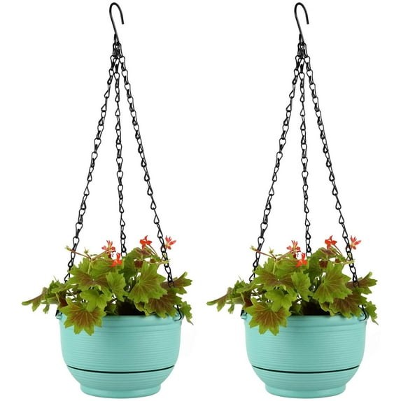 T4U Plastic Hanging Planters, Round Self Watering Baskets with Detachable Base, 9 inch, Mint Green, Set of 2