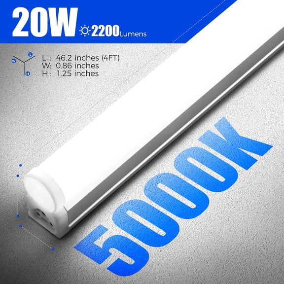 T5 4FT LED Shop Light, 2200lm, 5000K Daylight White, 20W Utility Light Fixture, Ceiling and Under Cabinet Lights for Workshop Garage, Corded Electric with ON/Off Switch, 6 Pack