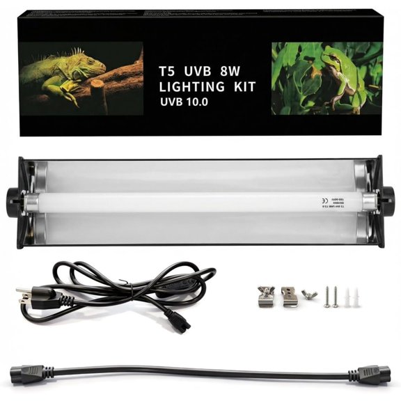 T5 8W 10.0 UVB Reptile Light Fixture and Bulb Kit, High Output UVB/UVA Lighting System Linkable Design,Multiple Mounting Options for Bearded Dragons, Tortoises, Uromastyx - Plug and Play