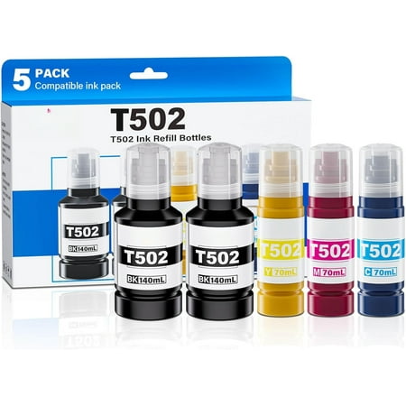 T502 Ink Refill Bottles (NotSublimation Ink) for Eco Tank ET-3760 ET-2850 ET-3850 ET-2760 ET-15000 ET-4850 ET-4760 ET-2750 ET-3750 ET-3830 Printers, Compatible Replacement for Epson T502 (5 Packs)