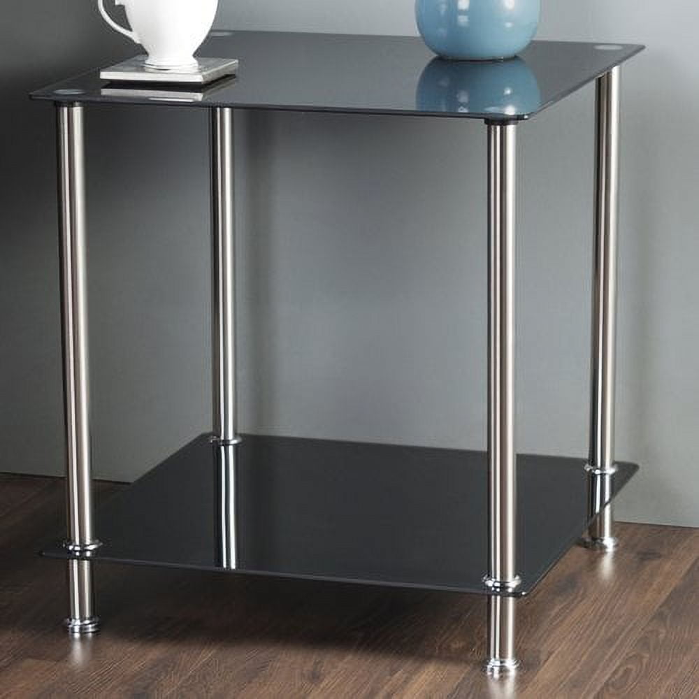Sleek Black Glass and Chrome Square Side Table with Shelf