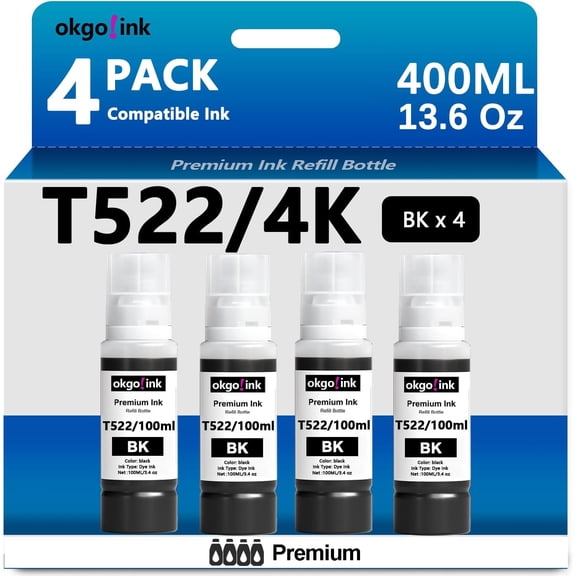 T522 Black Ink Refill Bottles Compatible Replacement for Eco Tank ET-2800 ET-4800 Ink Cartridge (4 Pack, Black 400ml) ET-2400 ET-2803 Ink ET-2720 ET-2840 ET-4700 ET4800 ET-4810 Printer