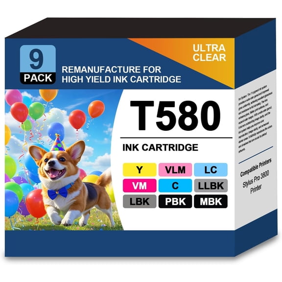 T580 Ink Cartridge T5801 T5802 T580A T5804 T5805 T580B T5807 T5809 Ink Cartridge Replacement for Stylus Pro 3880 Printer(9-Pack)