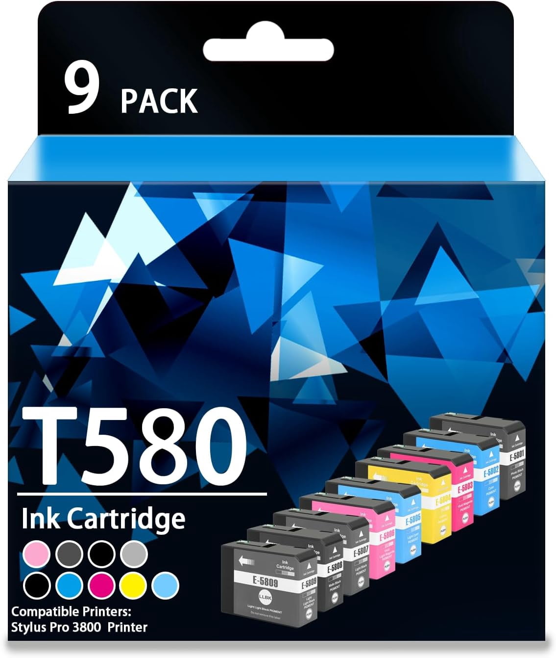 T580 Ink Cartridge T5801-T5809 Ink Cartridge with Chip Compatible with EPSON T580 Toner Stylus Pro 3800 Printer(9 Packs)