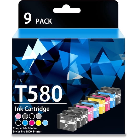 T580 Ink Cartridge T5801-T5809 Ink Cartridge with Chip Compatible with Epson T580 Ink Stylus Pro 3800 Printer(9 Packs)