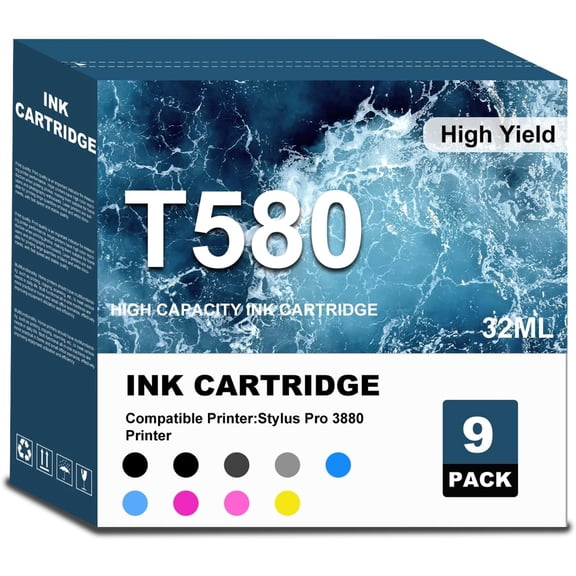 T580 Ink Cartridge (with Chip) High Capacity T5801 T5802 T580A T5804 T5805 T580B T5807 T5808 T5809 Replacement for Stylus Pro 3880 Printer (9-Pack)
