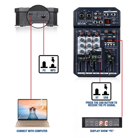 T6 Portable 6-Channel Sound Card Mixing Console - Audio Mixer with 16 DSP Effects & 48V Phantom Power for Live Broadcast, Karaoke, & Recording (EU Plug)
