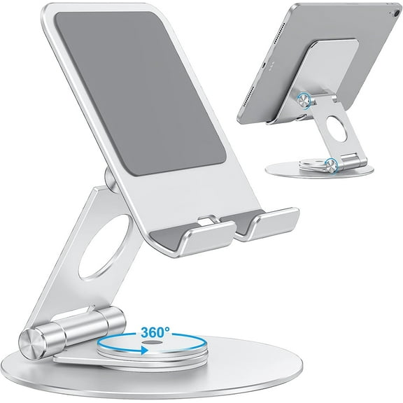 T6 Swivel Tablet Stand for iPad with 360 Rotating Base, Foldable Adjustable Holder for Drawing, Compatible with iPad Pro/Air/Mini and More, Silver