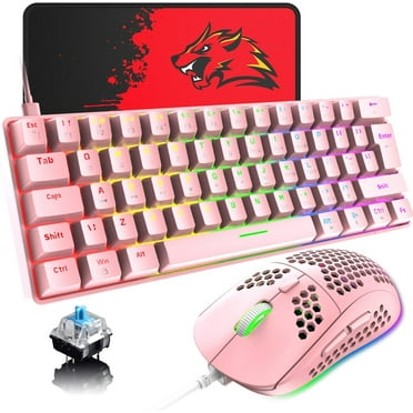 T60 60% Mechanical Keyboard&Mouse Set, 62 Keys Wired Gaming Keyboard 19 Rainbow Backlit + 6400DPI RGB Ultra-Light Mice+Mouse Pad For Laptop/MAC-Pink/Blue Switch