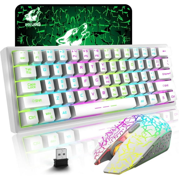 T61 Wireless Gaming Keyboard and Mouse Combo, Ergonomic 61 Key Rainbow LED Backlight Rechargeable 4000mAh Battery Mouse Pad