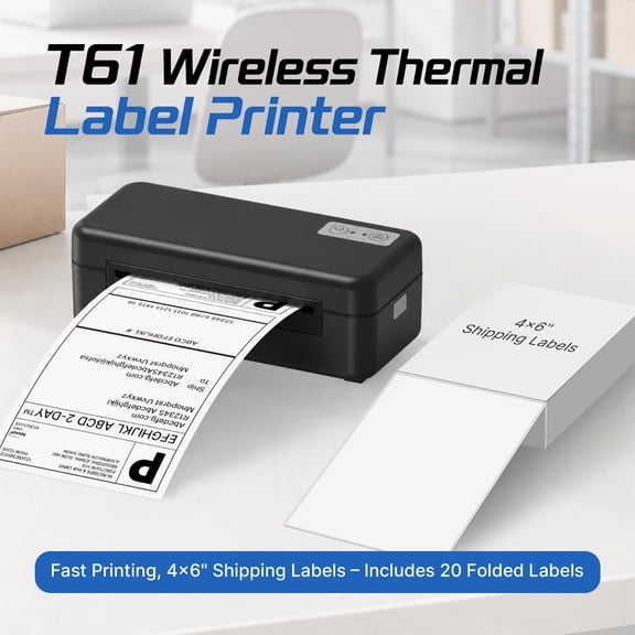 T61 Wireless Thermal Label Printer, 46" Shipping Label Printer for Small Business, Fast Ink-Free Printing for Shipping, Online Sellers and Home Office, 20 Labels Optional