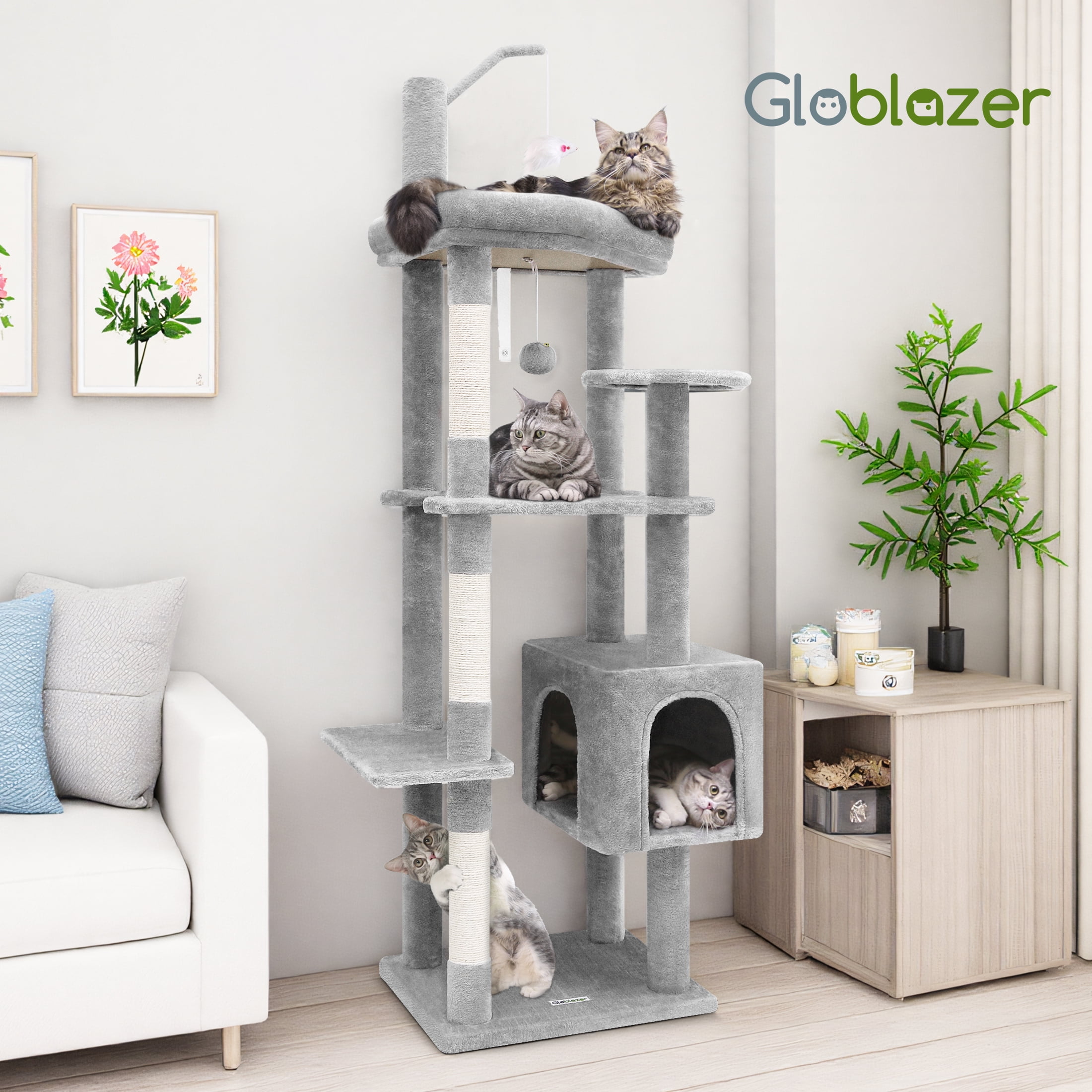 T65F 64" Tall Cat Tree Tower for Large Cats, Spacious Condo, Scratching Posts & Teaser Mouse