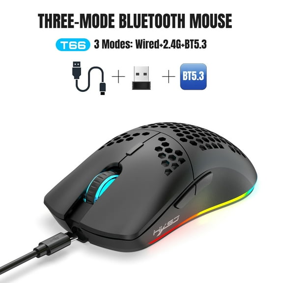 T66 3-Mode RGB Wireless Gaming Mouse - Ergonomic, Lightweight Design with Customizable Backlighting, Macro Programming Support, 650mAh Rechargeable Optical Sensor Mouse