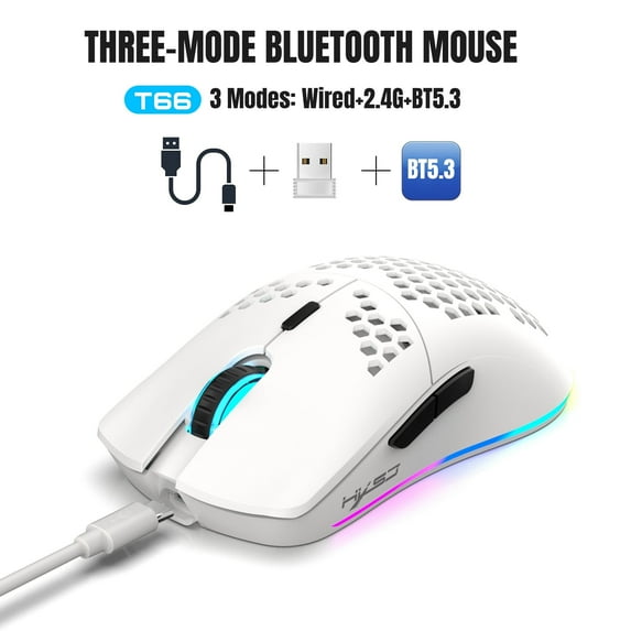 T66 3-Mode RGB Wireless Gaming Mouse - Ergonomic, Lightweight Design with Customizable Backlighting, Macro Programming Support, 650mAh Rechargeable Optical Sensor Mouse