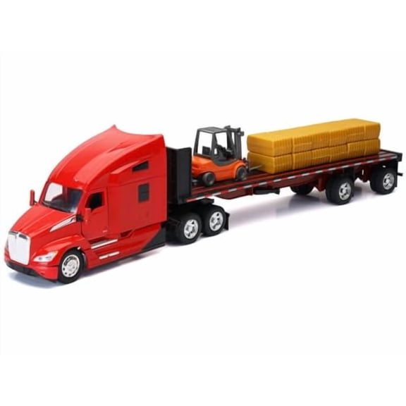T680 Truck Red and Flatbed Trailer with Forklift and Hay Load Long Haul Trucker Series 1/32 Diecast Model by New Ray 12753 New-Ray Toys (CA) Inc.