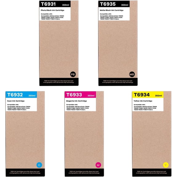 T6931 T6932 T6933 T6934 T6935 T693 Ink Cartridge Replacement for T693100 Ink for SureColor SC-T3000 T3070 T3200 T3270 T5000 T5070 T5200 T5270 T7000 T7070 T7200 Printer (5 Pack, 350ML)
