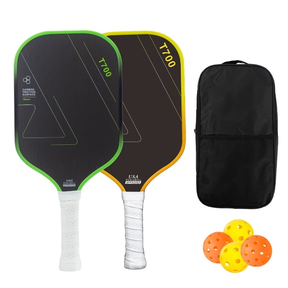 T700 Carbon Fiber Pickleball Paddle Set of 2, Textured Grit Surface, 16mm Core, 4 Balls & Carry Bag