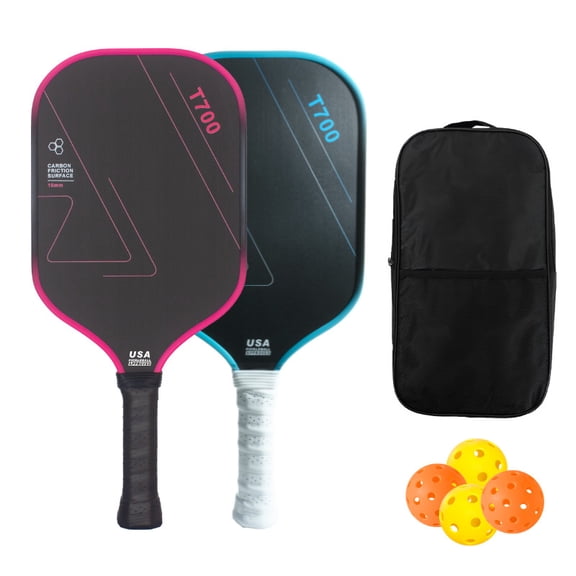 T700 Carbon Fiber Pickleball Paddle Set of 2, Textured Grit Surface, 16mm Core, 4 Balls & Carry Bag