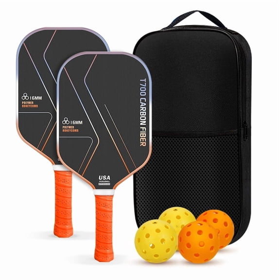 T700 Raw Carbon Fiber Pickleball Paddles Set, 16mm Honeycomb Core Rackets with Cushion Grip, 4 Balls and Carry Bag, 2 Pack