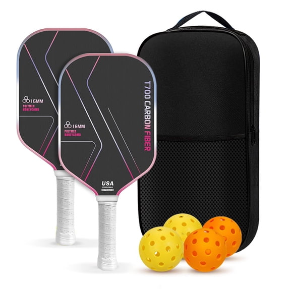 T700 Raw Carbon Fiber Pickleball Paddles Set, 16mm Honeycomb Core Rackets with Cushion Grip, 4 Balls and Carry Bag, 2 Pack