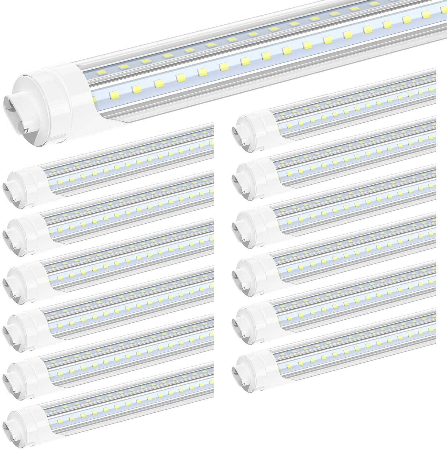T8 8FT R17D Rotatable HO Base LED Tube Light 72W,270 Degree V Shaped LED Shop Light, 6000K Cool White,Clear Cover,85V-265V, 12 Pack
