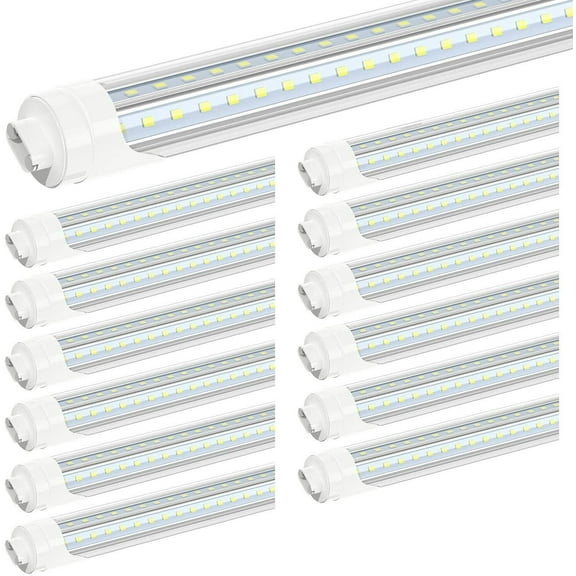 T8 8FT R17D Rotatable HO Base LED Tube Light 72W,270 Degree V Shaped LED Shop Light, 6000K Cool White,Clear Cover,85V-265V, 12 Pack