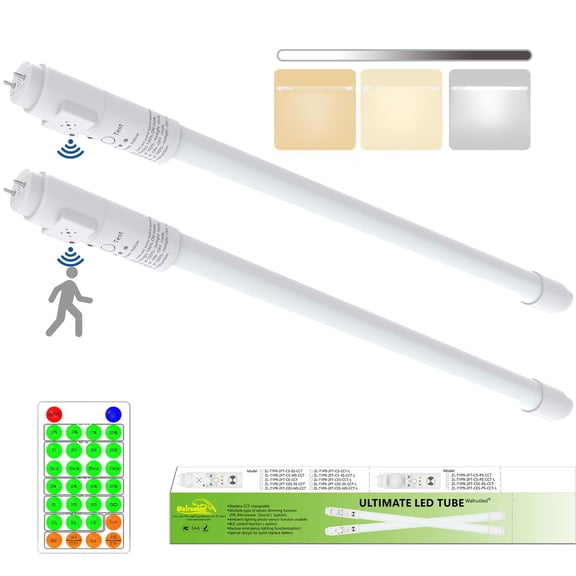 T8 LED Tube Light 2FT with Microwave Motion sensor, Remote, Dimmable, IP4X, G13, 120V, CCT,10W, 1000 LM, LED Fluorescent Tube Replacement 2 Foot for Shop, Ballast Bypass, Double Ended, Type B,2-Pack