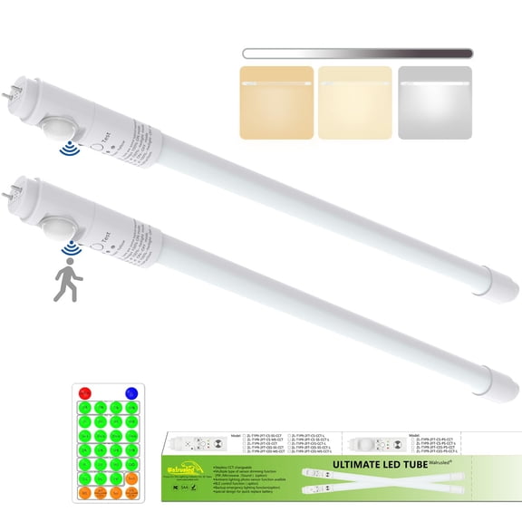 T8 LED Tube Light 2FT with Photocell and PIR Motion Sensor, Remote, Dimmable, IP4X, G13, 120V, CCT, 10W, 1000 LM, LED Fluorescent Tube Replacement 2 Foot, Ballast Bypass, Double Ended, Type B,2-Pack