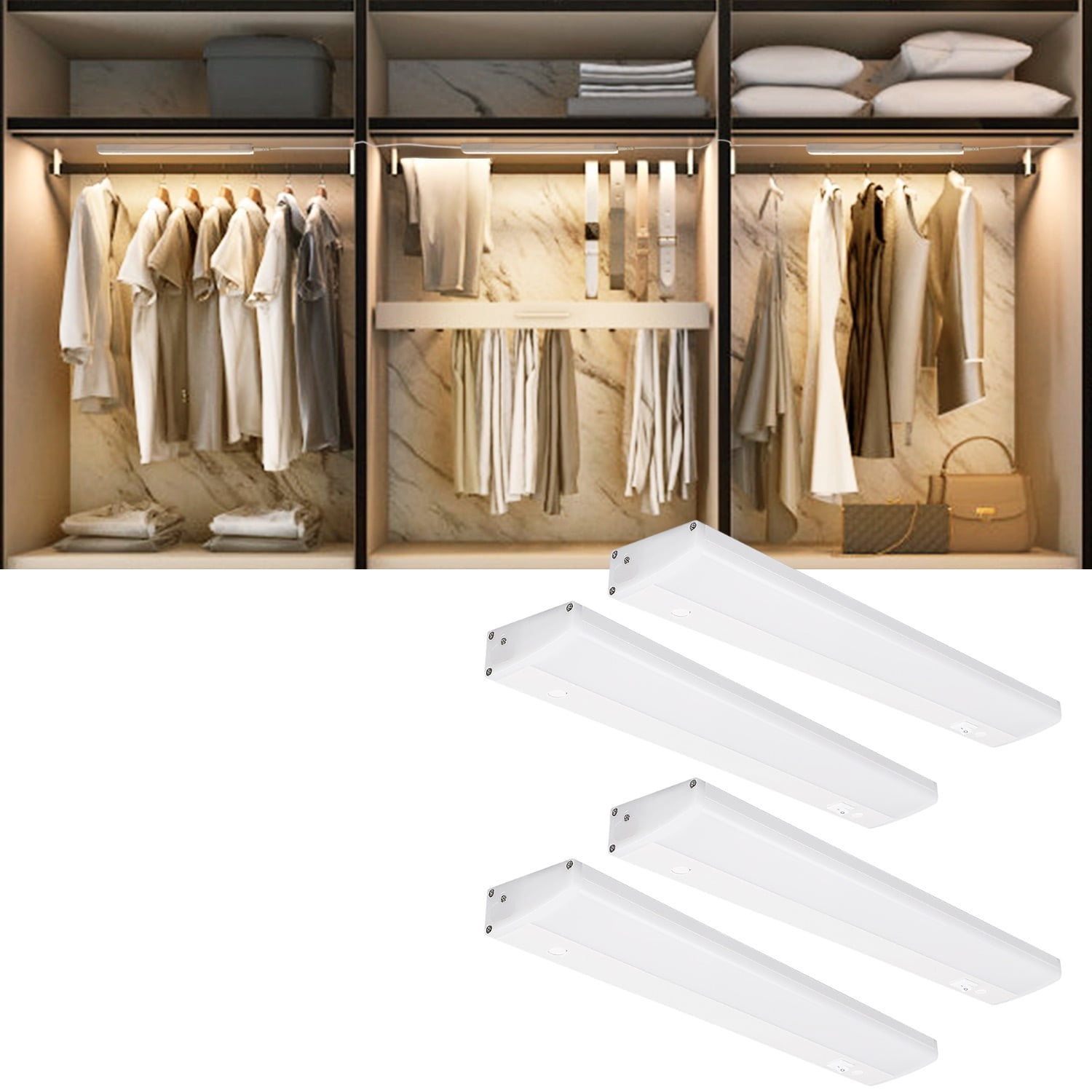 4 Pack 12 Inch Slim LED Under Cabinet Lighting, Under-Counter Light Fixtures, Plug-in, Linkable Cabinet Lights, 3000K Warm White