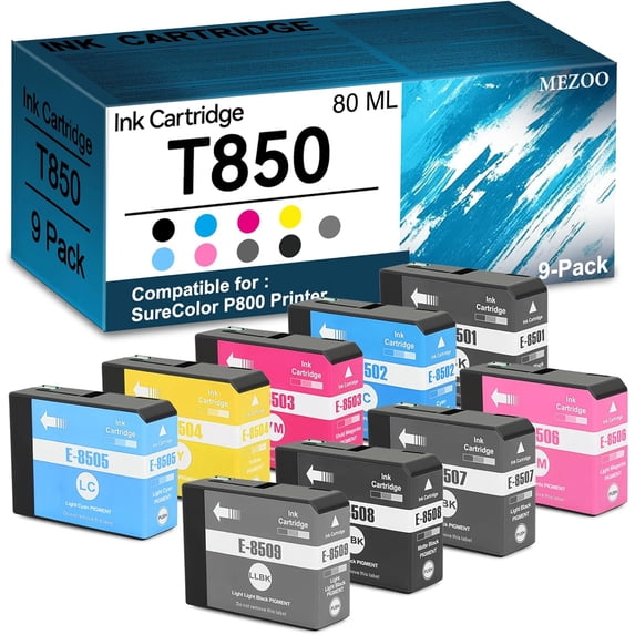 T850 Ink Cartridge High Capacity (with Chip) 80ML Replacement for T8501 T8502 T8503 T8504 T8505 T8506 T8507 T8508 T8509 Ink Cartridges Compatible with SureColor P800 Printer (9-Pack)