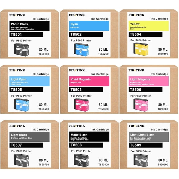 T850 Ink Cartridges High Capacity 80ML T8501 T8502 T8503 T8504 T8505 T8506 T8507 T8508 T8509 Remanufacture Replacement with SureColor P800 Printer Ink(9-Pack)