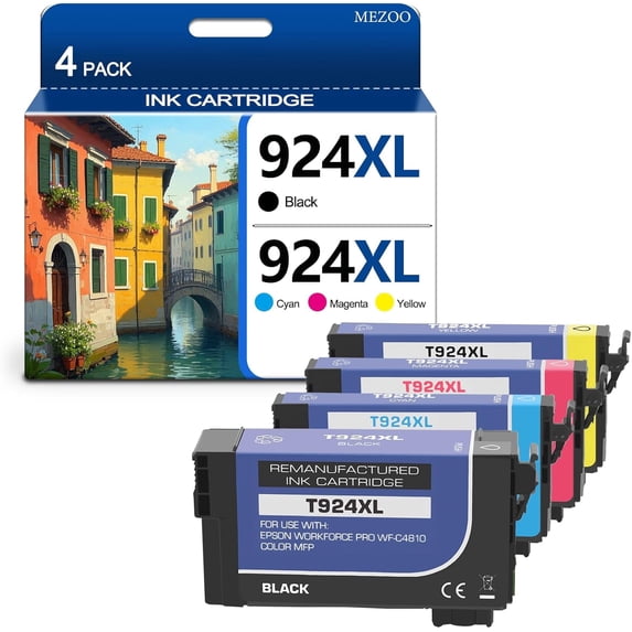T924 924XL Ink Cartridge High Yeild Compatible for 924 T924XL 924XL T924 with Workforce Pro WF-C4310 WF-C4810 Printer (4 Pack,Black Cyan Magenta Yellow)